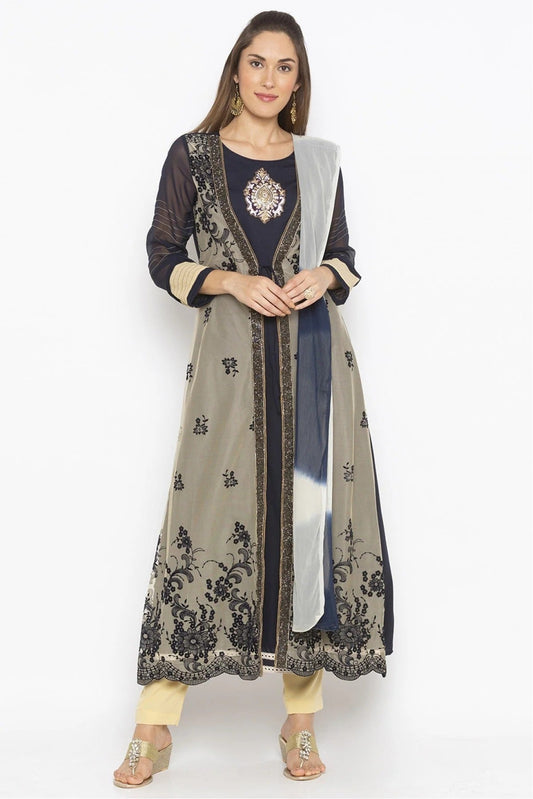 Blue Colour Plus Size Stitched Net Embroidery Pant Style Suit BW1070275