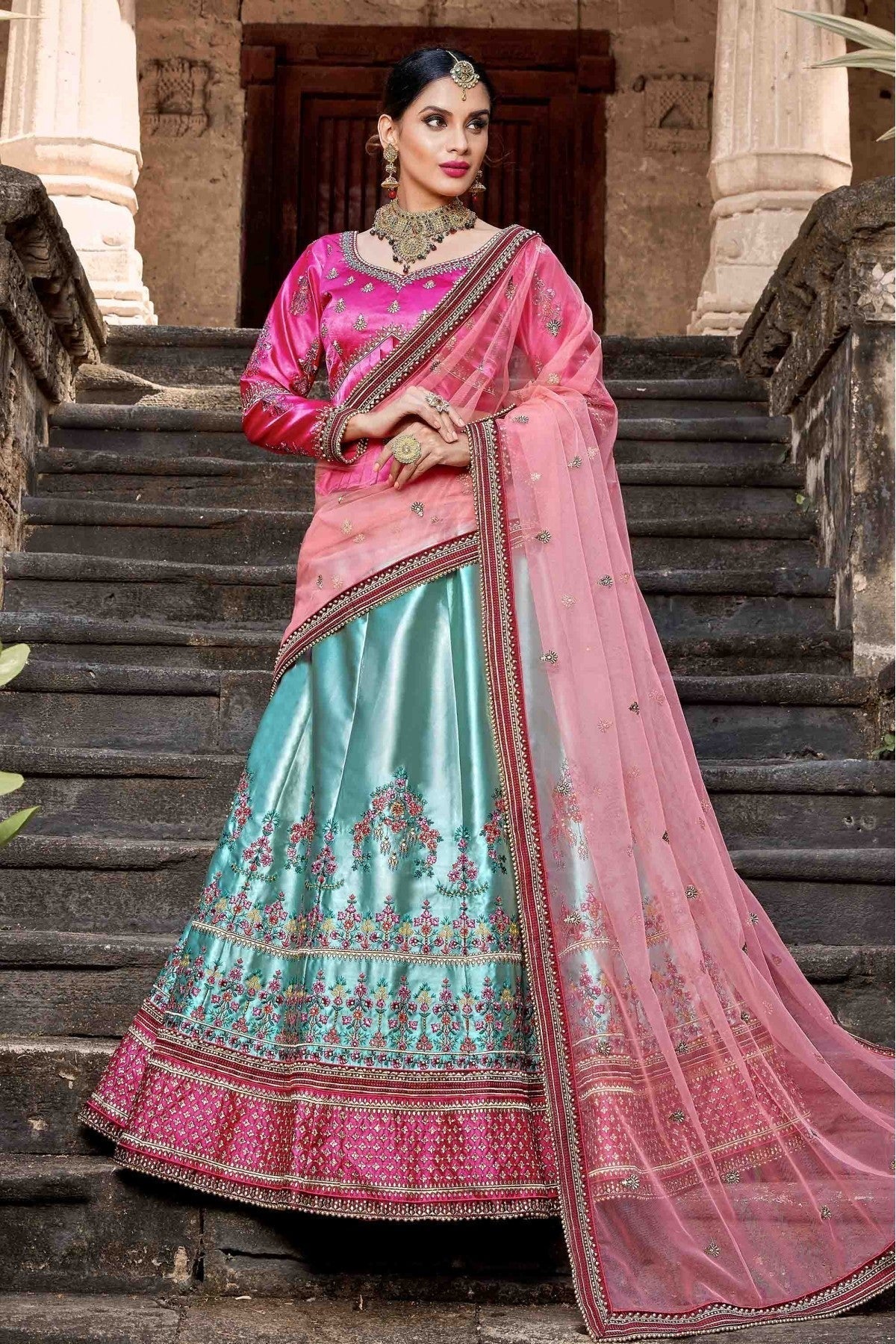 Blue Colour Pure Satin Resham Work Lehenga Choli LC1080190