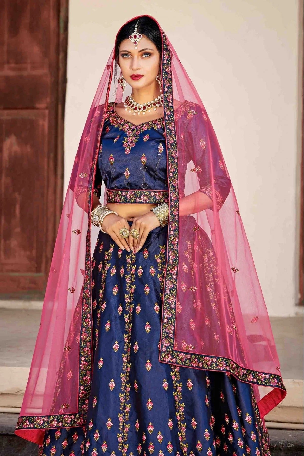 Blue Colour Pure Satin Thread Work Lehenga Choli LC1080406 A