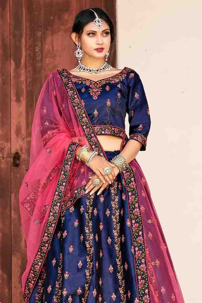 Blue Colour Pure Satin Thread Work Lehenga Choli LC1080406 B
