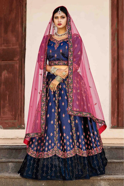 Blue Colour Pure Satin Thread Work Lehenga Choli LC1080406