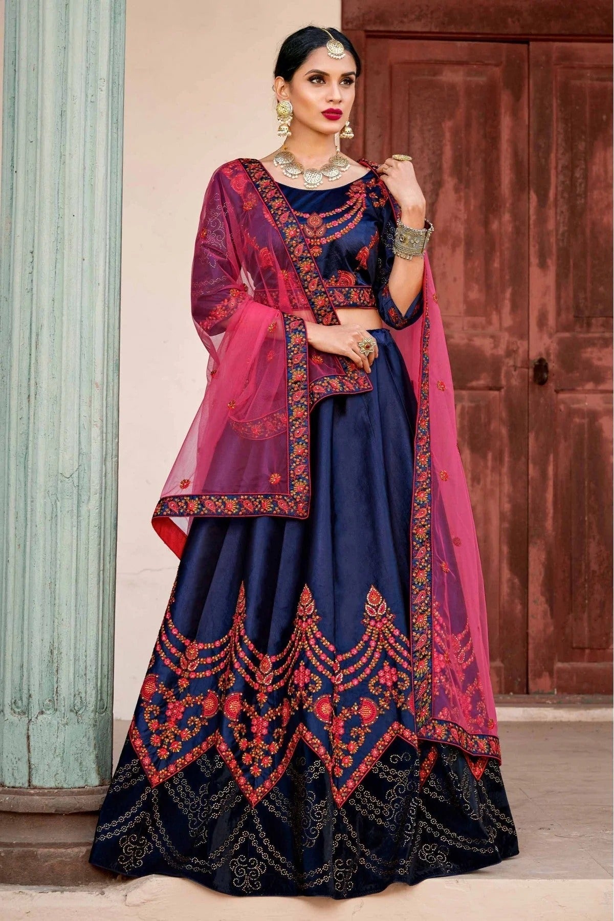 Blue Colour Pure Satin Thread Work Lehenga Choli LC1080407 A