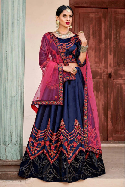 Blue Colour Pure Satin Thread Work Lehenga Choli LC1080407 A