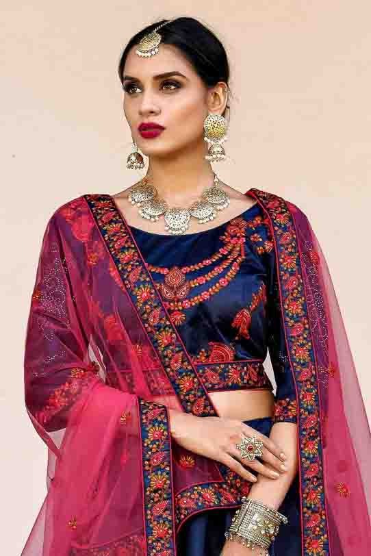 Blue Colour Pure Satin Thread Work Lehenga Choli LC1080407 B
