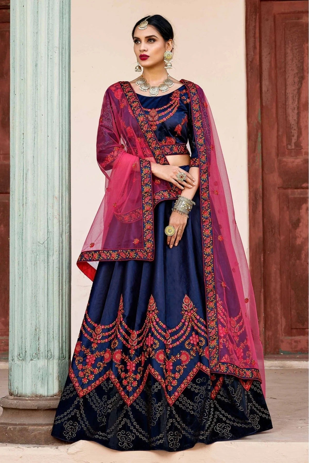 Blue Colour Pure Satin Thread Work Lehenga Choli LC1080407