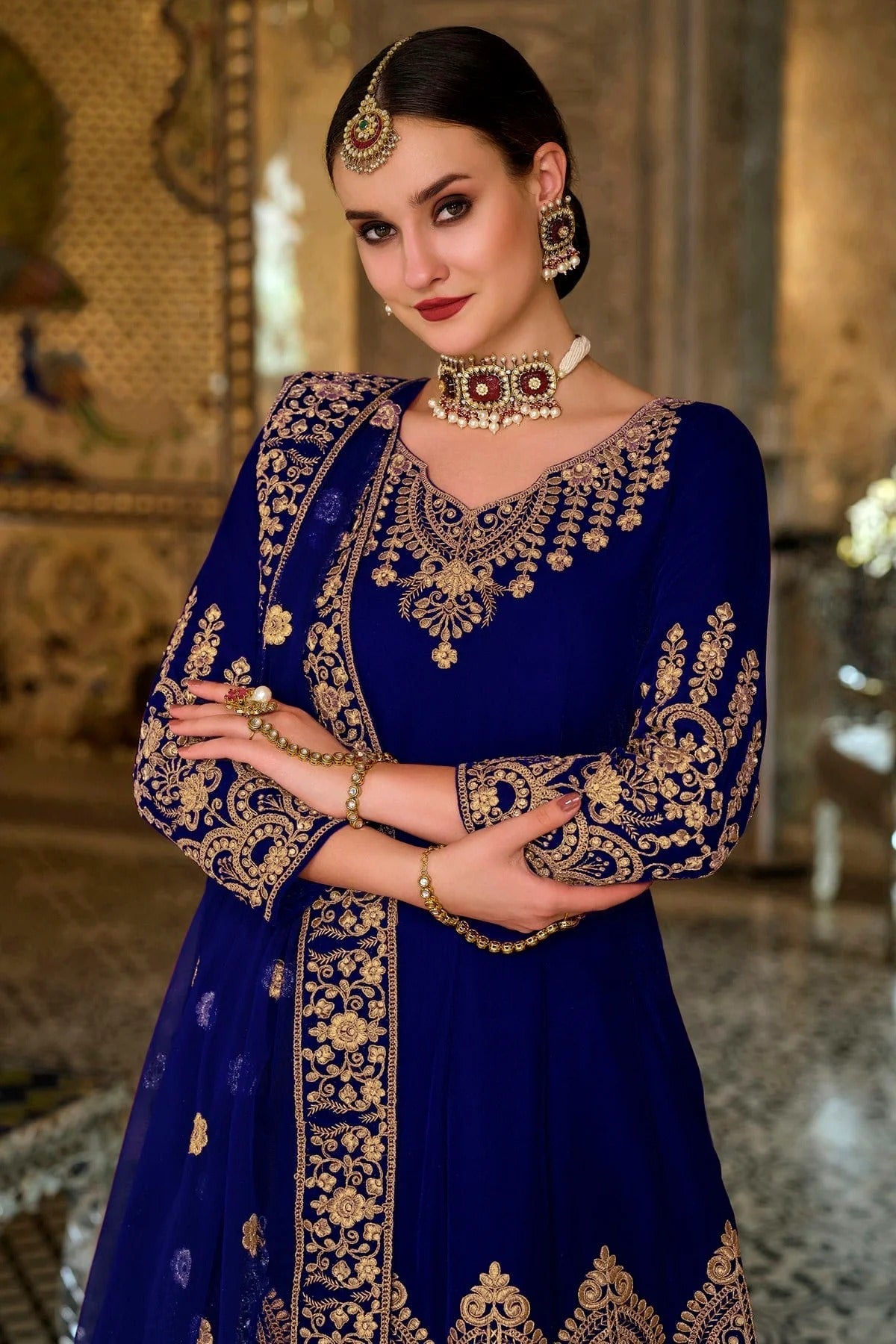 Blue Colour Semi Stitched 9000 Velvet Anarkali Suit SM1140198 A