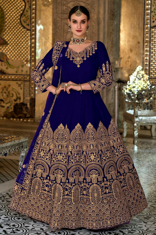 Blue Colour Semi Stitched 9000 Velvet Anarkali Suit SM1140198