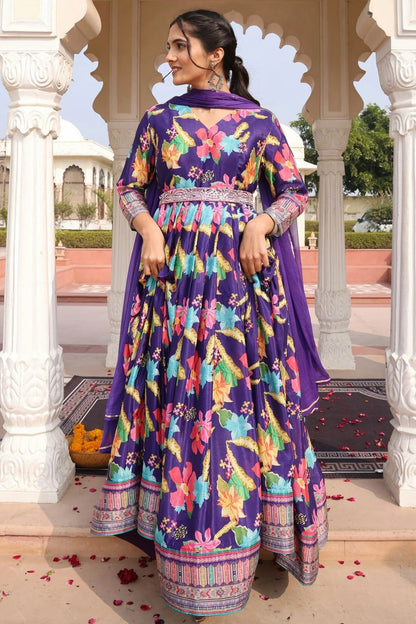 Blue Colour Semi Stitched Chinon Silk Anarkali Suit SM1170039 A
