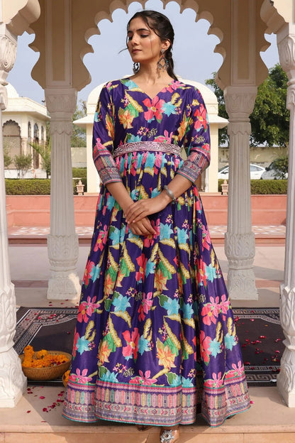 Blue Colour Semi Stitched Chinon Silk Anarkali Suit SM1170039