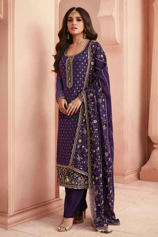Blue Colour Semi Stitched Dola Jacquard Silk Pant Style Suit SM1140520