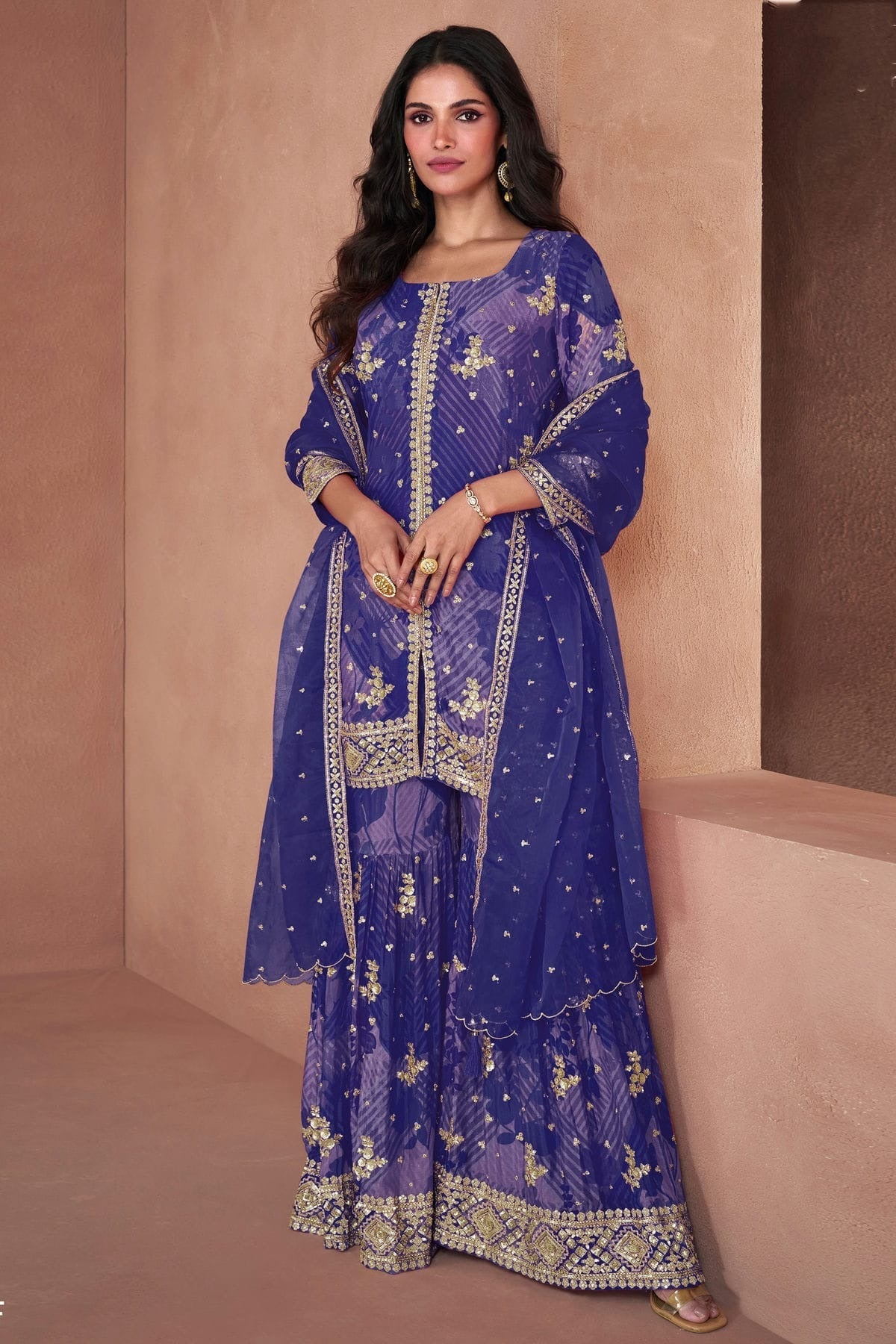 Blue Colour Semi Stitched Faux Georgette Sharara Suit SM1140386