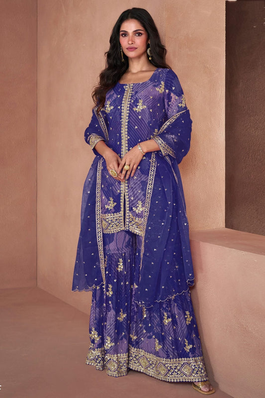 Blue Colour Semi Stitched Faux Georgette Sharara Suit SM1140386