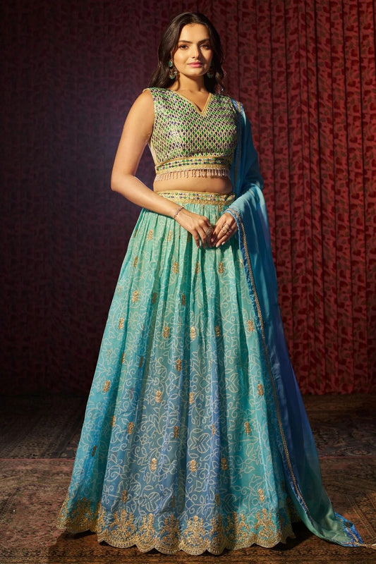 Blue Colour Semi Stitched Organza Lehenga Choli LC1080892