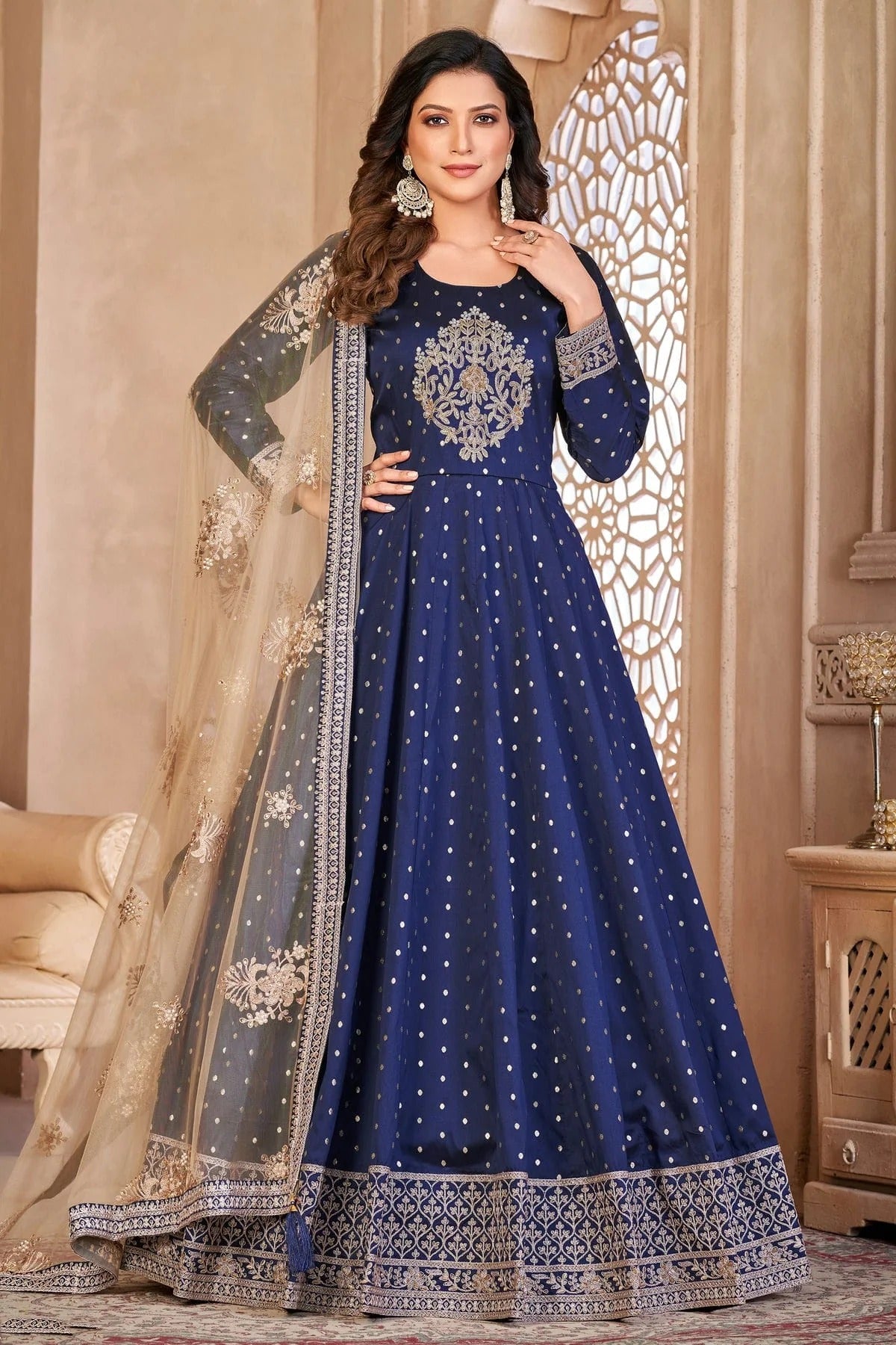 Blue Colour Semi Stitched Taffeta Silk Anarkali Suit SM1050422