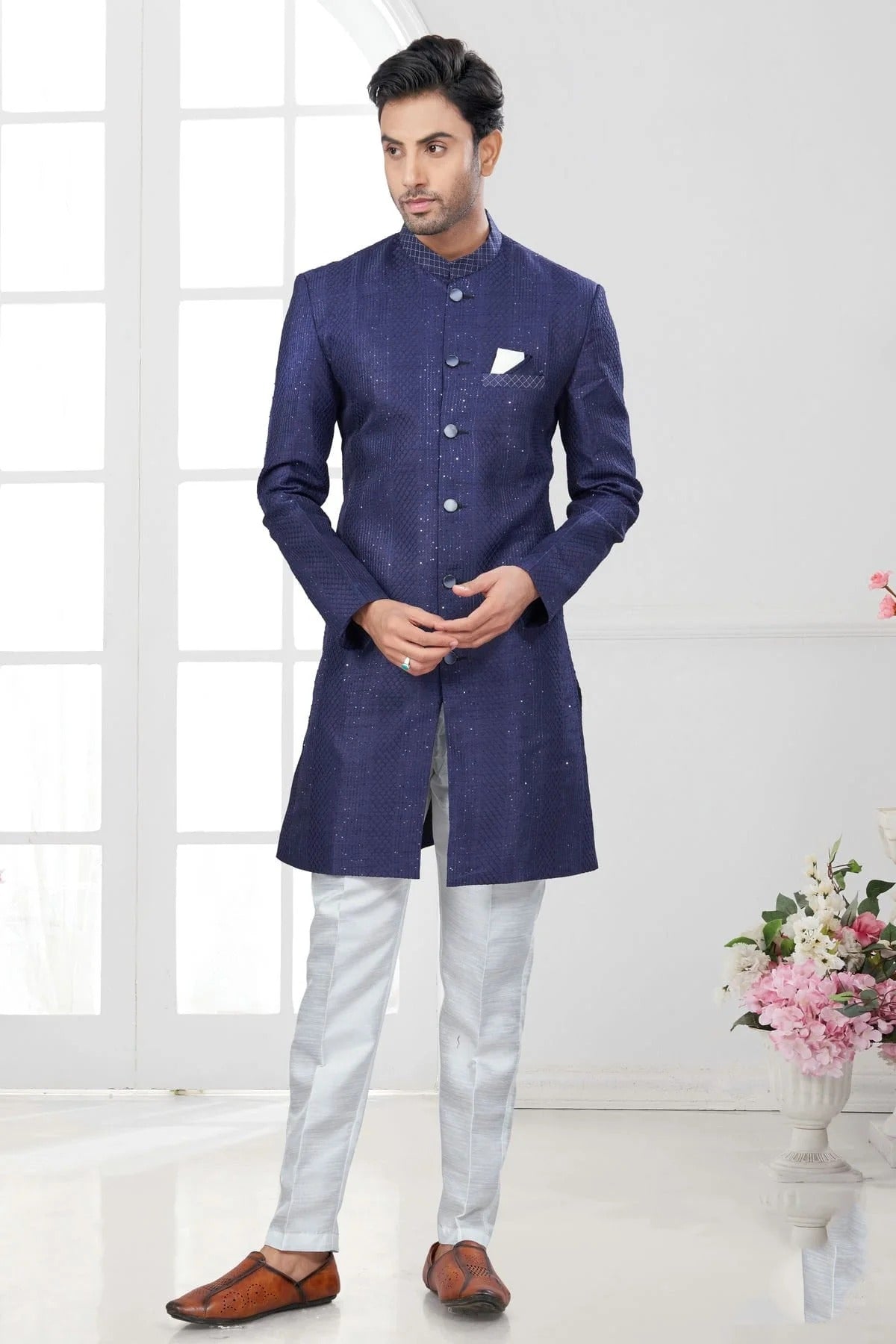 Blue Colour Silk Dupion Sherwani SH1040620
