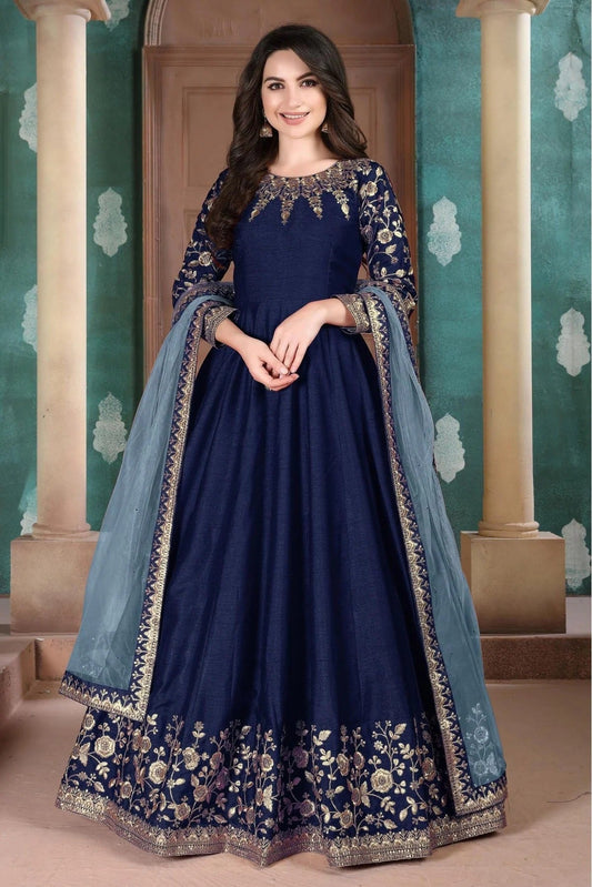 Blue Colour Silk Embroidery Anarkali Suit SM1050180