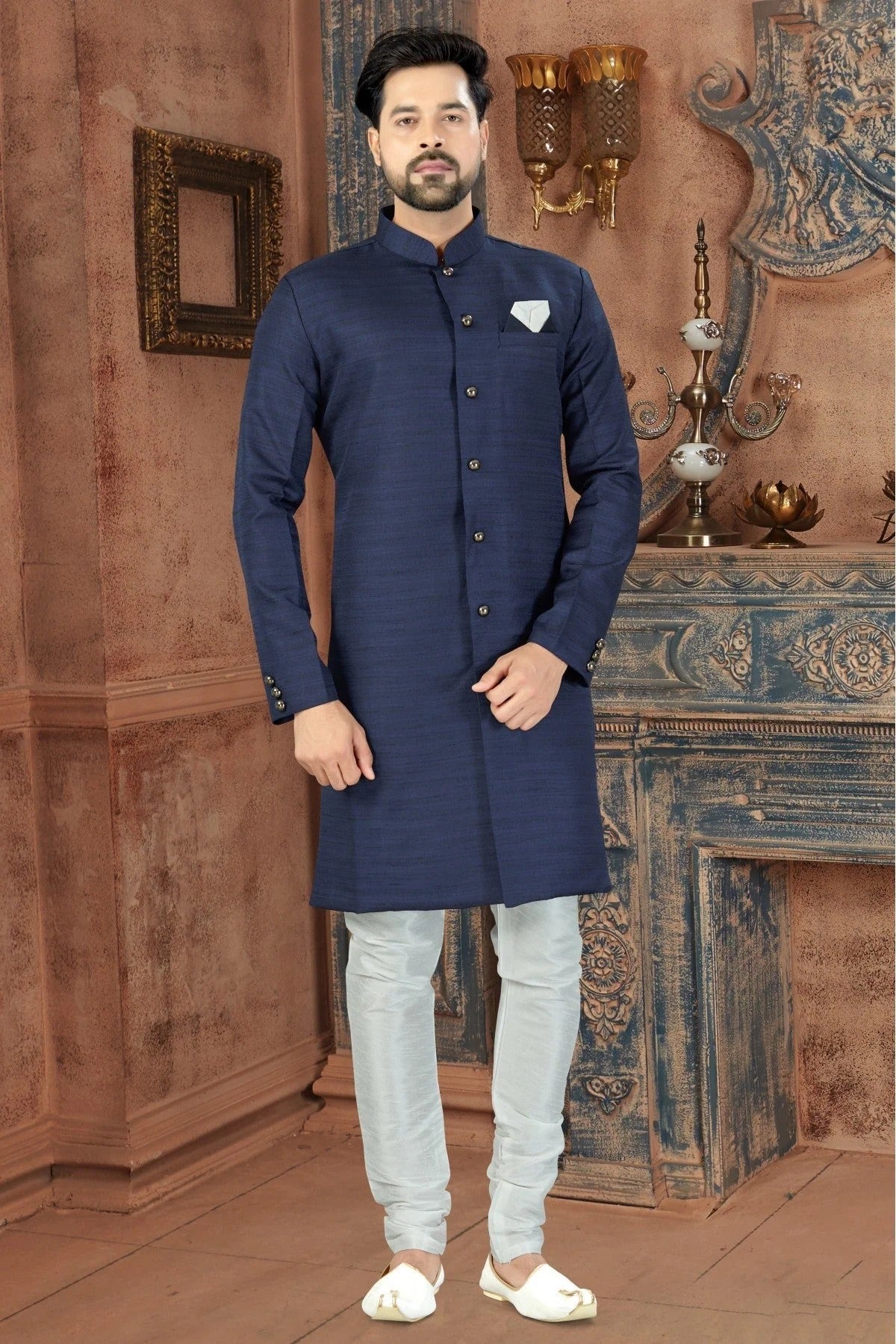 Blue Colour Silk Party Wear Sherwani SH1040239