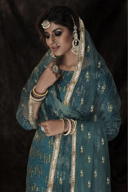 Blue Colour Soft Net Sequins Work Sharara Suit SM1080659 A