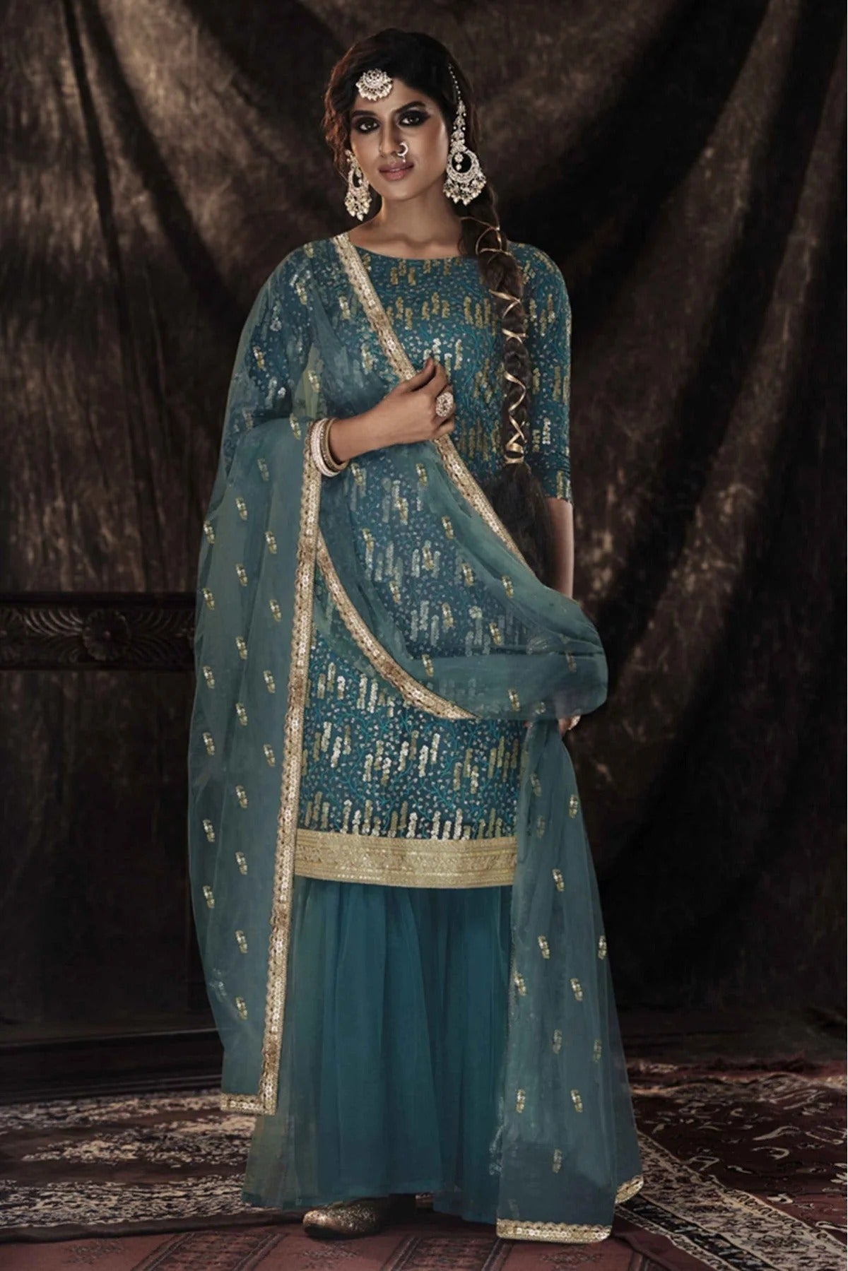 Blue Colour Soft Net Sequins Work Sharara Suit SM1080659