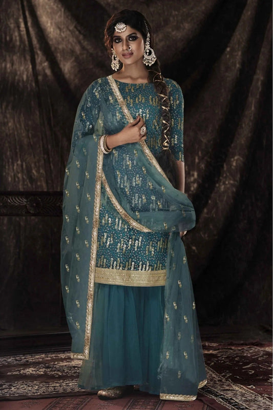 Blue Colour Soft Net Sequins Work Sharara Suit SM1080659