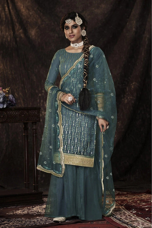 Blue Colour Soft Net Sequins Work Sharara Suit SM1080663