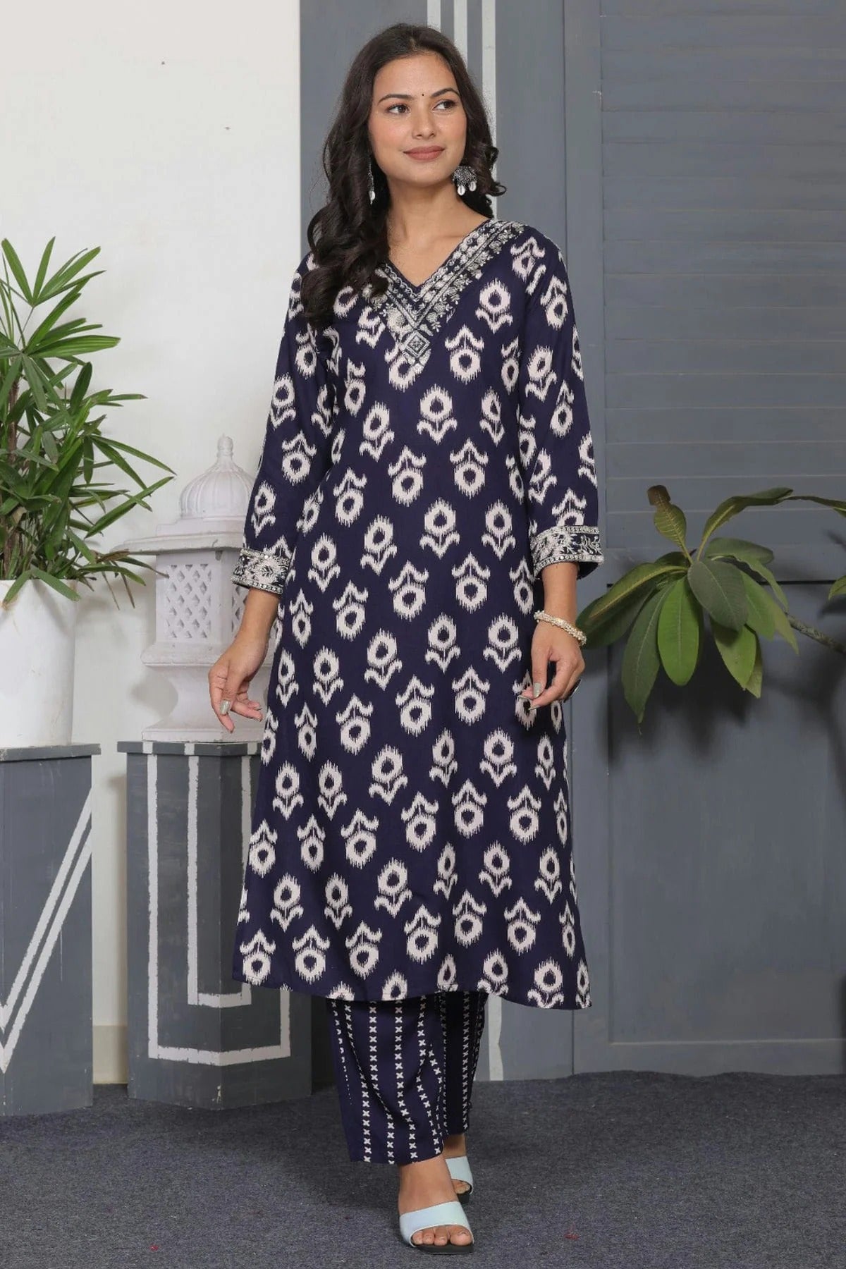 Blue Colour Stitched Rayon Top and Bottom TP1112397