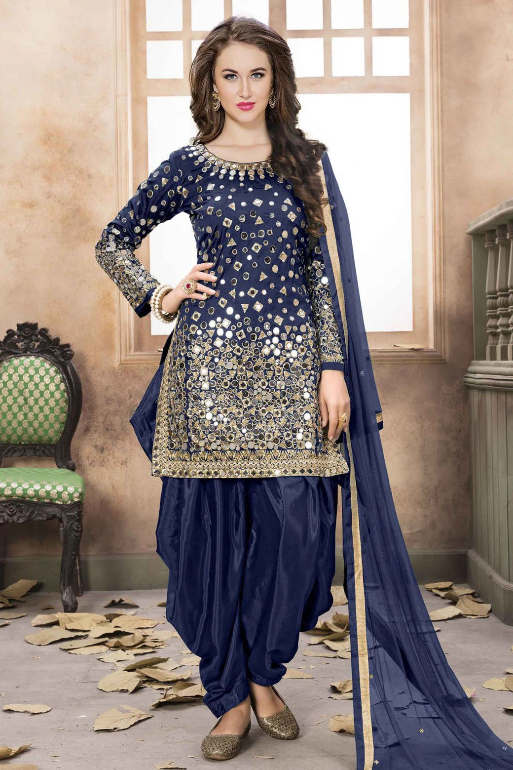 Blue Colour Taffeta Silk Embroidery Patiala Suit SM1050223