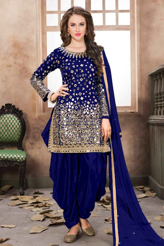 Blue Colour Taffeta Silk Embroidery Patiala Suit SM1050230