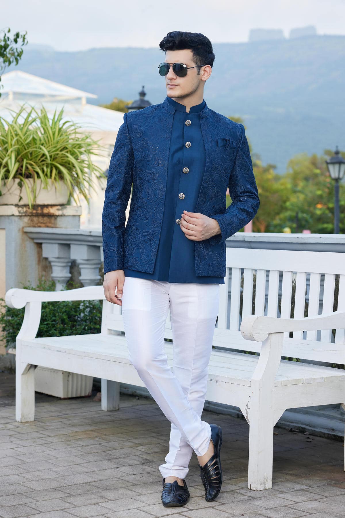 Blue Colour Thread Work Embroidery Art Silk 3 Pcs Jacket Jodhpuri JP1230641