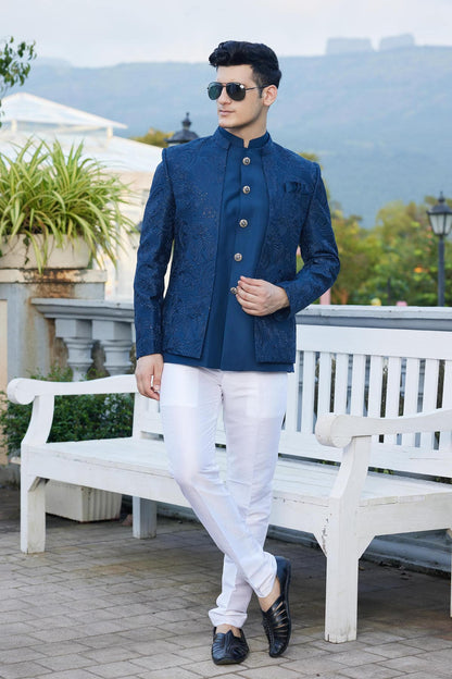 Blue Colour Thread Work Embroidery Art Silk 3 Pcs Jacket Jodhpuri JP1230641