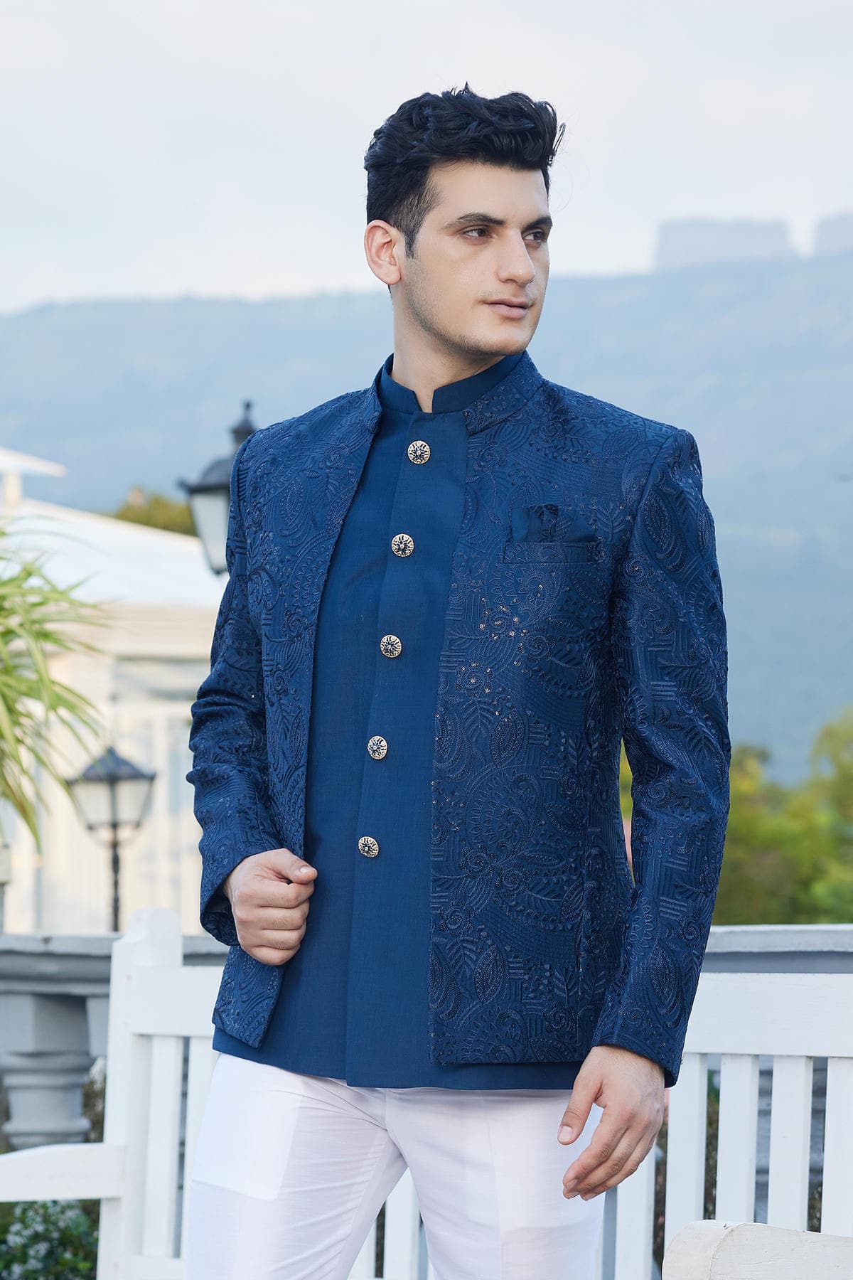 Blue Colour Thread Work Embroidery Art Silk 3 Pcs Jacket Jodhpuri JP1230641