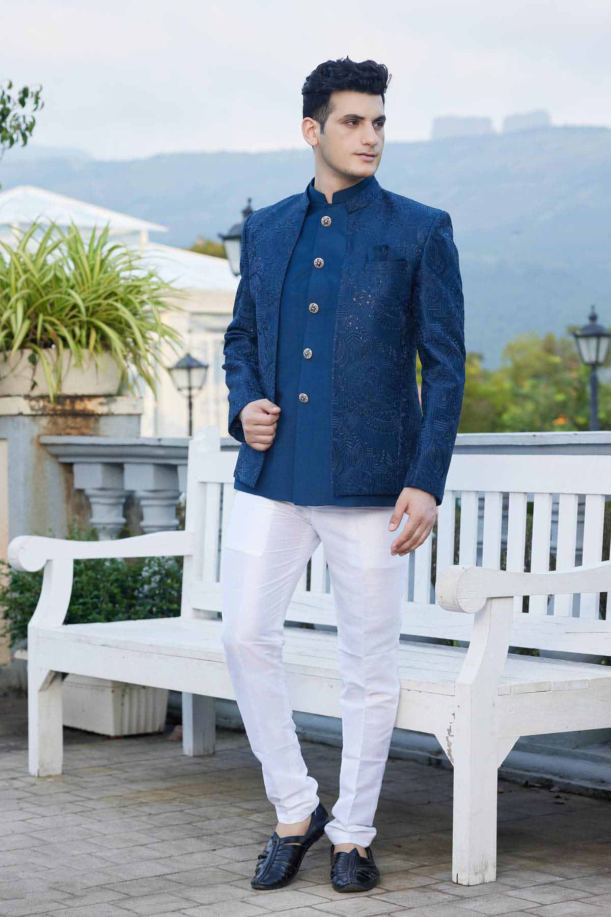 Blue Colour Thread Work Embroidery Art Silk 3 Pcs Jacket Jodhpuri JP1230641