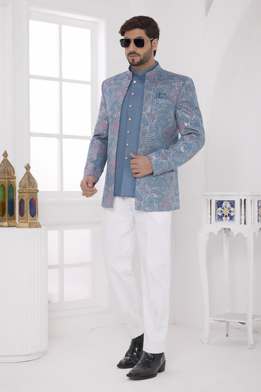 Blue Colour Thread Work Embroidery Art Silk Jodhpuri