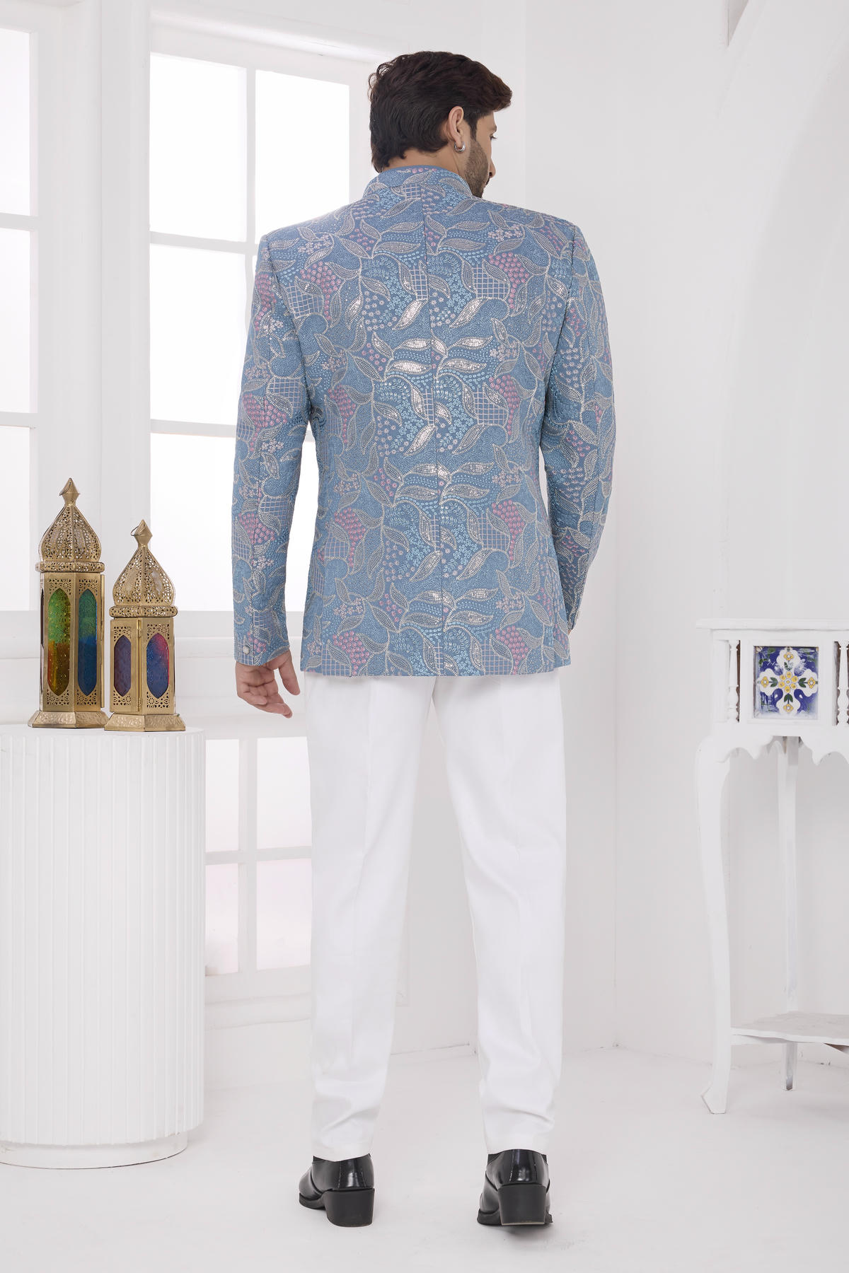 Blue Colour Thread Work Embroidery Art Silk Jodhpuri