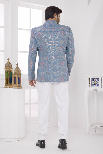 Blue Colour Thread Work Embroidery Art Silk Jodhpuri