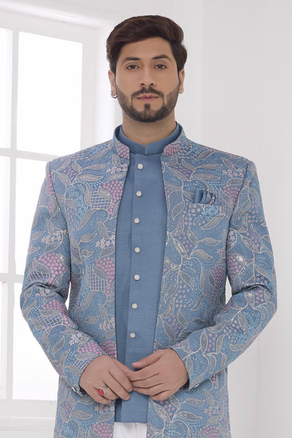 Blue Colour Thread Work Embroidery Art Silk Jodhpuri