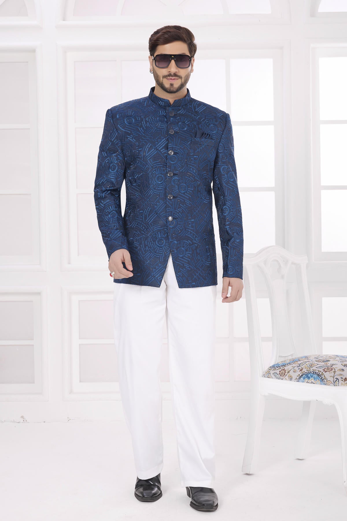 Blue Colour Thread Work Embroidery Art Silk Jodhpuri