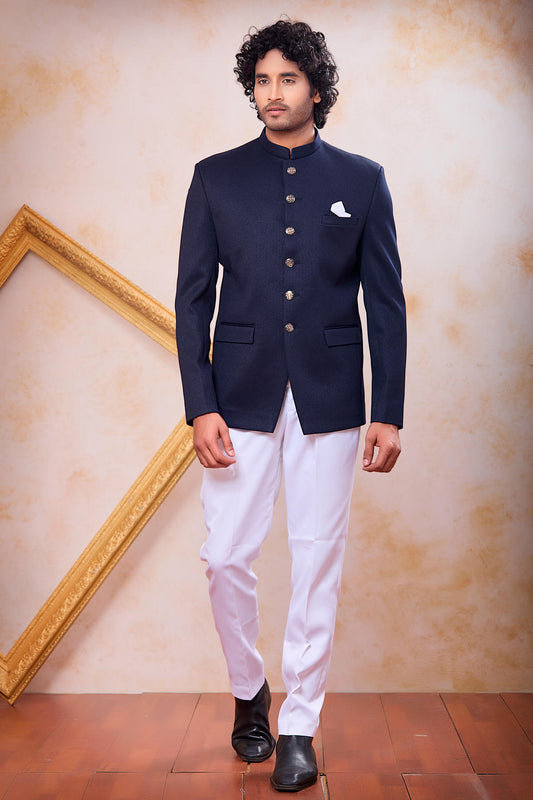Blue Colour Thread Work Embroidery Imported Fabric Jodhpuri