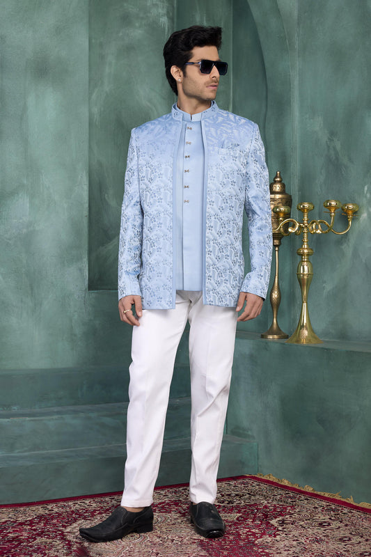 Blue Colour Thread Work Embroidery Jacquard Silk Jodhpuri