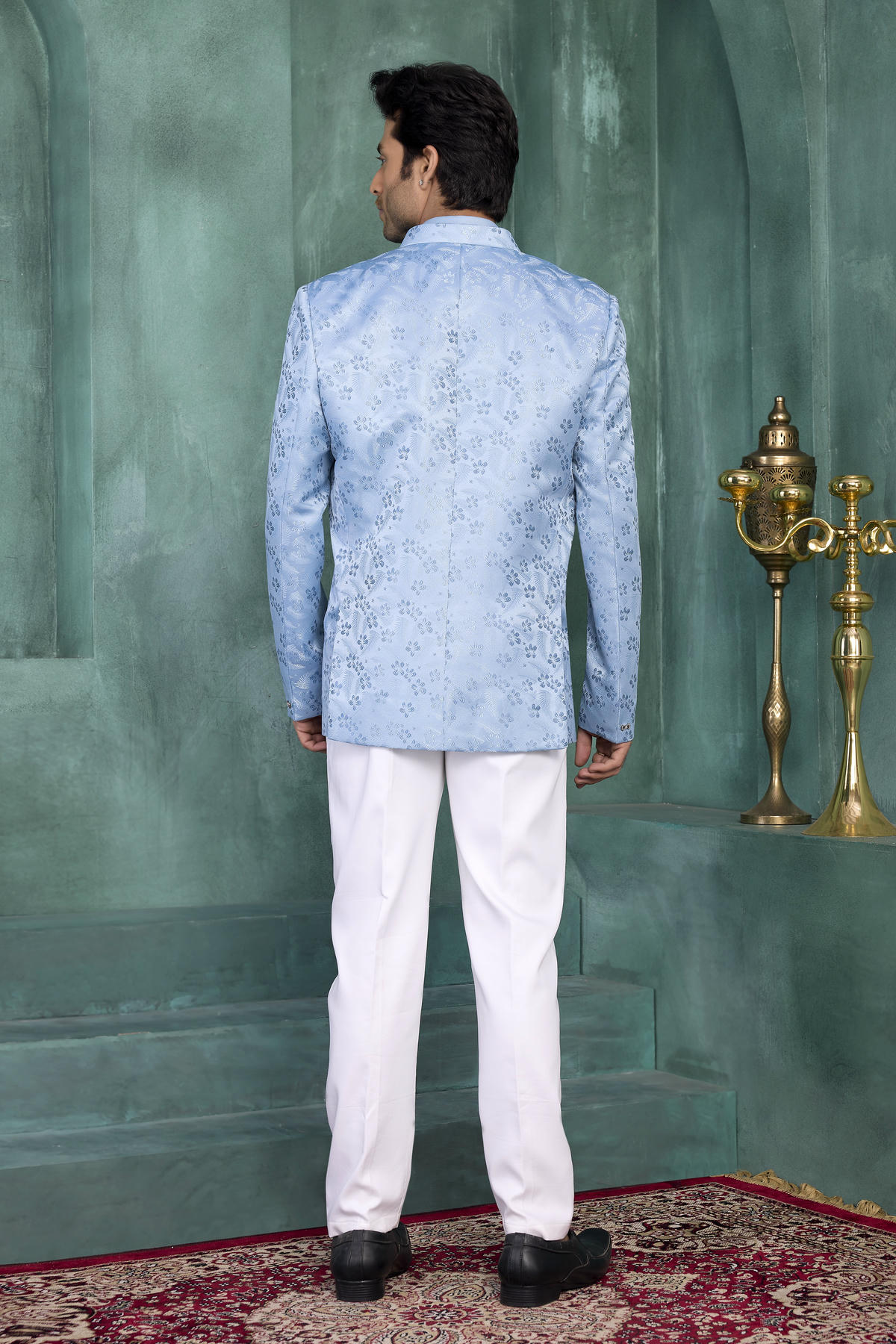 Blue Colour Thread Work Embroidery Jacquard Silk Jodhpuri