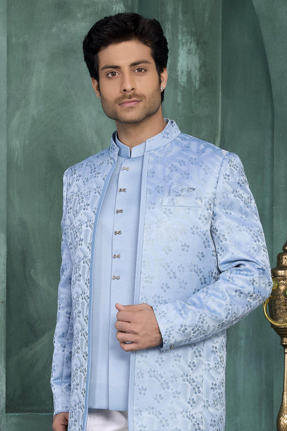 Blue Colour Thread Work Embroidery Jacquard Silk Jodhpuri