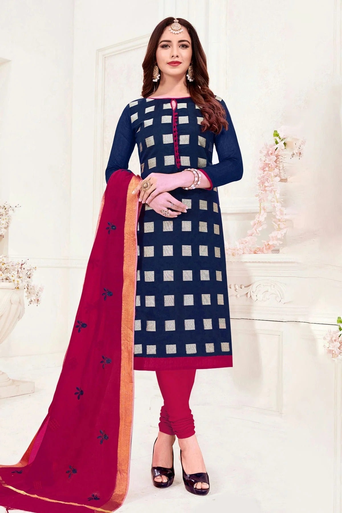 Blue Colour Unstitched Banarasi Jacquard Churidar Suit US1161066