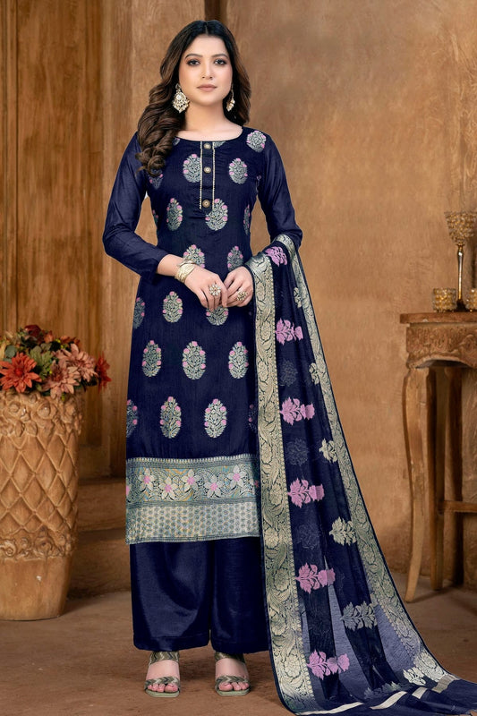 Blue Colour Unstitched Banarasi Jacquard Palazoo Pant Suit US1161361