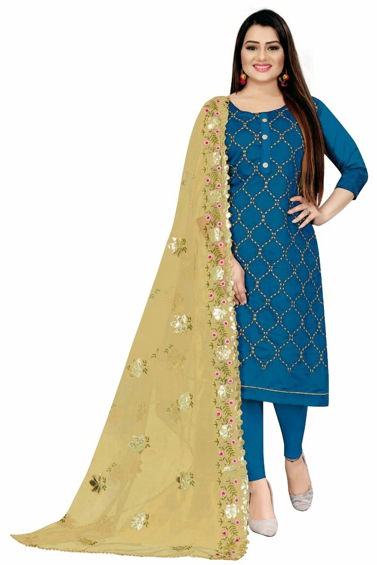 Blue Colour Unstitched Chanderi Straight Suit US1160730