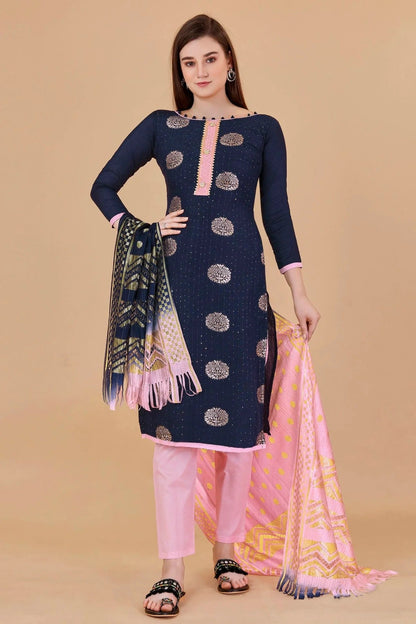 Blue Colour Unstitched Cotton Jacquard Straight Suit US1160875