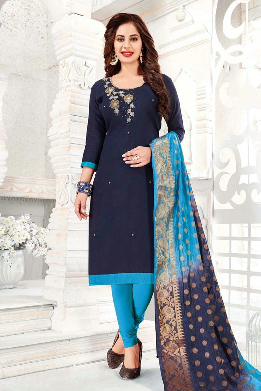 Blue Colour Unstitched Cotton South Slub Churidar Suit US1161094