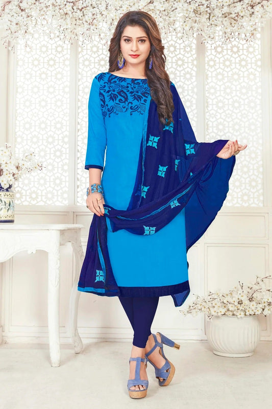 Blue Colour Unstitched Glace Cotton Churidar Suit US1161169