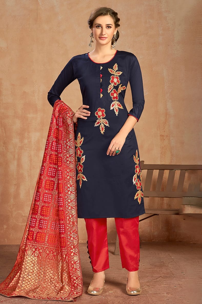Blue Colour Unstitched Glaze Cotton Pant Style Suit US1161235