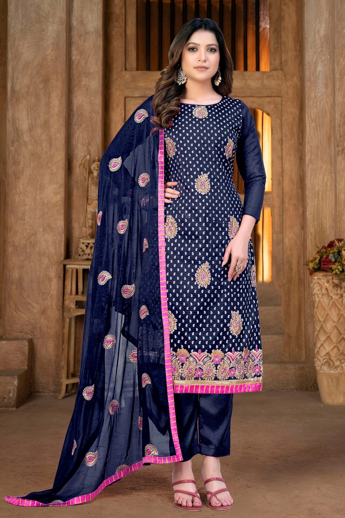 Blue Colour Unstitched Modal Chanderi Pant Style Suit US1160861