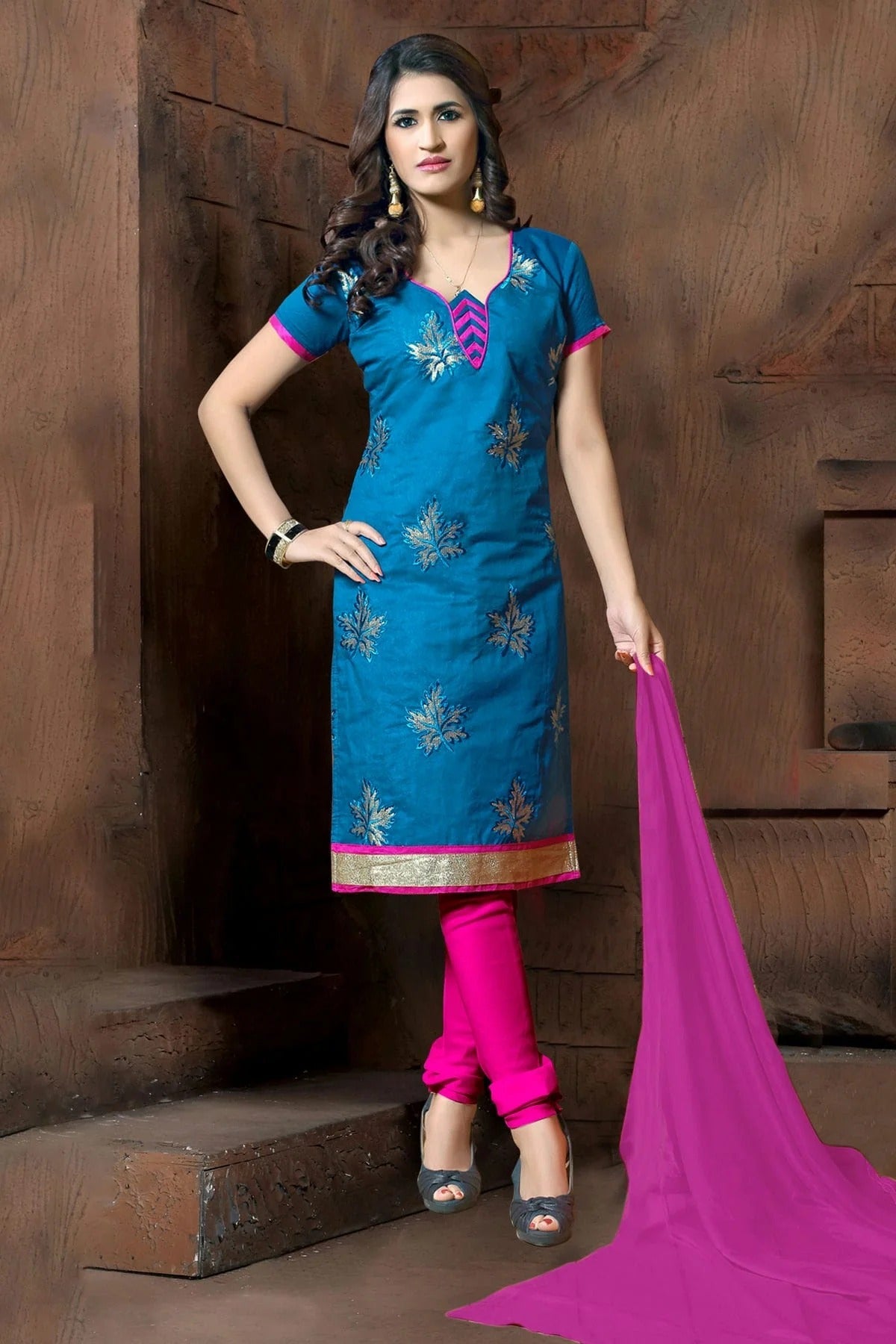 Blue Colour Unstitched Modal Cotton Churidar Suit US1161210